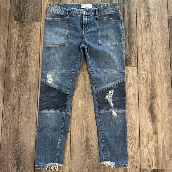 Free People Denim - Free People Moto Skinny Distressed Jeans Blue 28 Edgy Biker Utility Denim